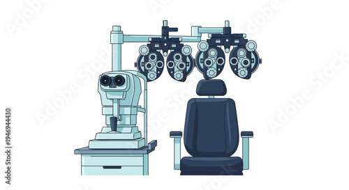 Optometry Equipment Illustration: Visual Acuity Testing Device, Eye Exam Chair on White Background