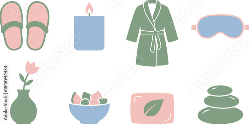 Mother's Day self-care relaxation elements with house slippers scented candle bathrobe sleep mask ceramic vase bowl of fruit artisan soap stone massage icons in sage green powder blue soft pink 