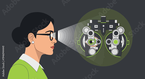 Optometry Eye Exam: Woman Undergoing Vision Test At Optician Office, Eye Care