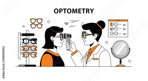 Optometry Illustration Depicting Eye Examination, Eyeglasses, And Vision Care Procedures