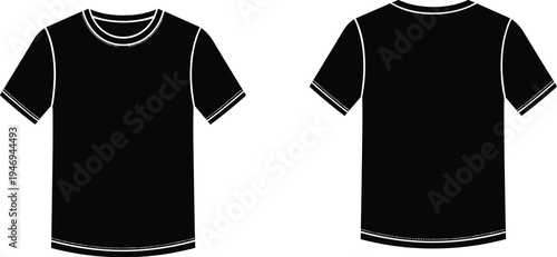 Black t-shirt vector mockup set with front and back views isolated on white background for apparel design branding streetwear fashion technical drawing and clothing templates