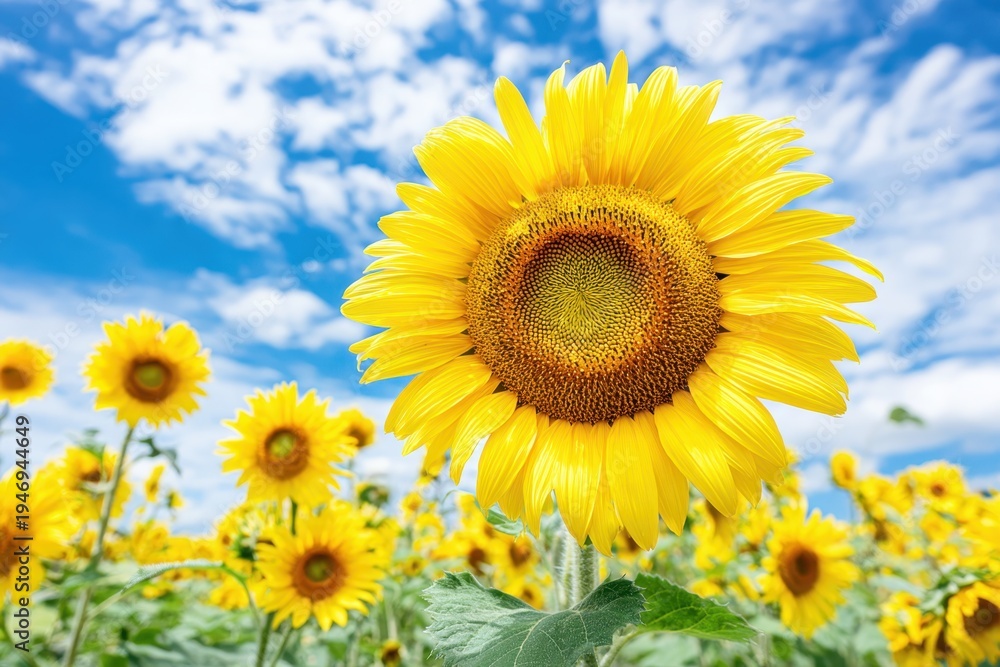 Fototapeta premium Bright yellow sunflowers bloom vibrantly under a clear blue sky in a sunny field.