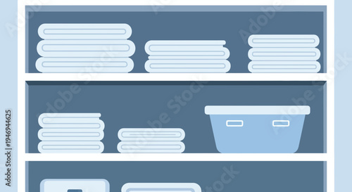 Organized Bathroom Storage Featuring Folded Towels and A Neat Blue Storage Container