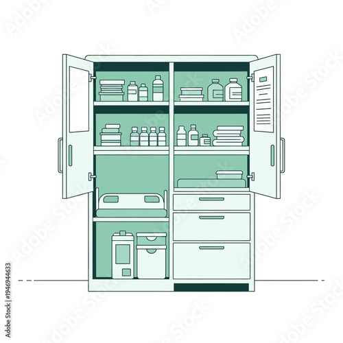 Organized Cabinet Interior: Modern Storage Design with Shelves and Drawers, Vector Illustration