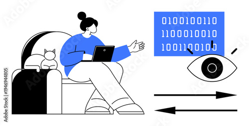 Remote work, cybersecurity, data analysis, monitoring, online privacy, IT services. Woman on armchair with laptop, binary code arrows eye symbol. Remote work and cybersecurity concept