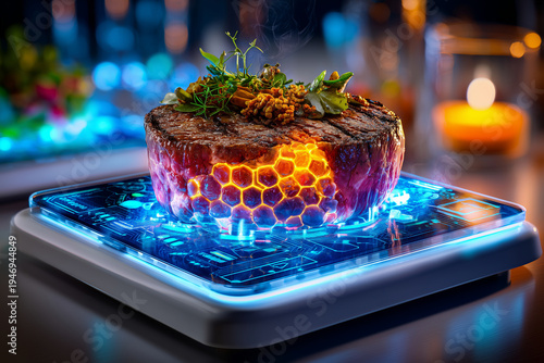 Viande cultivée à structure hexagonale sur tablette intelligente. Circuits imprimés bleus et données nutritionnelles. Gastronomie high-tech et biotechnologie