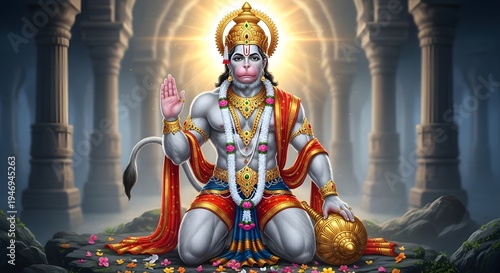 Divine Hanuman idol in ancient temple with glowing aura