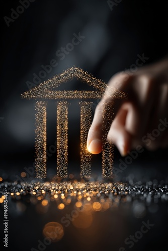 Digital Illustration of a Glowing Gold Sparkling Bank Building Icon with Hand Touching in Dark Background