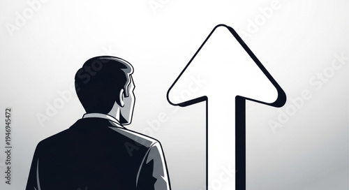 Man looking at direction arrow.