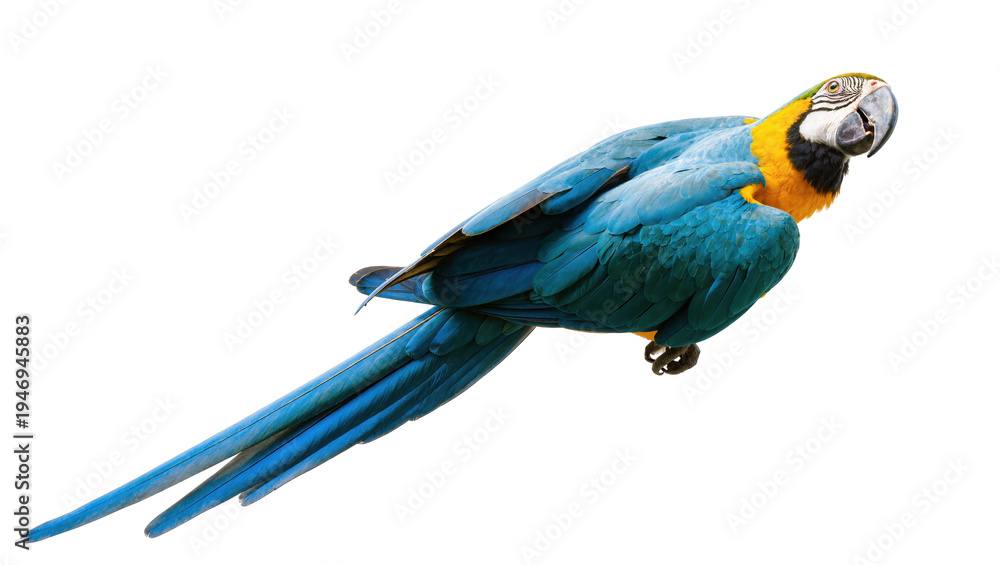 Obraz premium Isolated blue and yellow macaw parrot with vibrant plumage and long tail, tropical bird