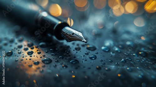 A drop of ink on a wet surface, surrounded by bokeh effects, symbolises the creative process overcoming chaos—making it ideal as a background for advertisements for stationery or literary events.