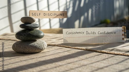 Inspirational motivational message with stacked stones showcasing self-discipline and consistency in personal growth journey
