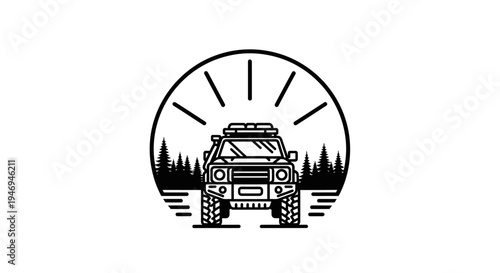 Minimalist black and white line art illustration featuring an adventurous off-road vehicle with a roof rack in a forest setting, framed by a circle with sun rays.