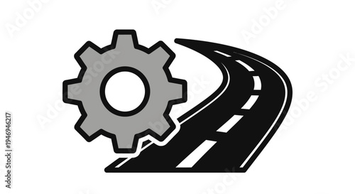 A grey gear icon overlapping a winding black road with white dashed lines, symbolizing progress and engineering.