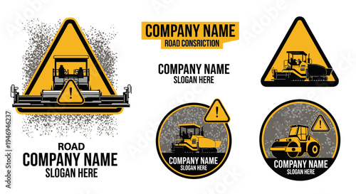 Collection of road construction company logos and warning signs featuring heavy machinery like asphalt pavers and road rollers with grunge texture.