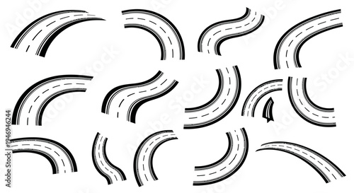 Set of Curved Road Segments and Paths on Isolated White Background Top View