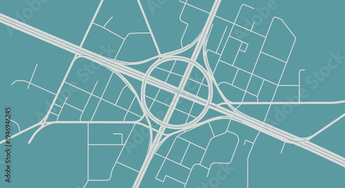 Overhead graphic illustration of a complex multi-level highway interchange with connecting roads on a teal background.