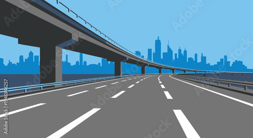 Vector illustration of a modern multi-lane highway with an elevated overpass leading towards a city skyline under a clear blue sky.
