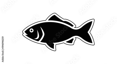 Black silhouette of a fish with a distinct white outline, depicted as a simple graphic icon swimming towards the left.