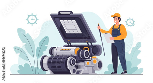 Man holding tool next to engine.