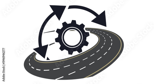 An abstract illustration depicting a winding road with a central gear and circular arrows, symbolizing continuous process, journey, or system development.