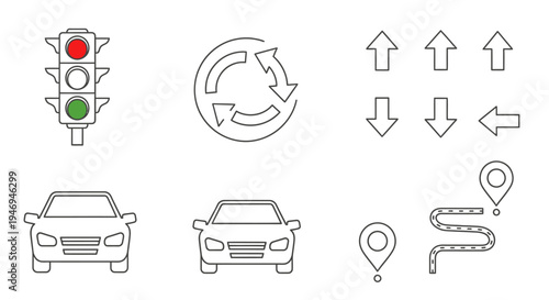 Outline icons of traffic light, roundabout, arrows, cars, and navigation pins, representing driving and route guidance elements.