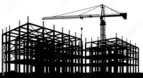 Silhouette of a large construction site with scaffolding and a towering crane, depicting urban development and heavy industry.