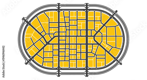 Overhead view of an urban city grid and road network contained within an oval boundary, featuring yellow blocks and dark grey infrastructure.