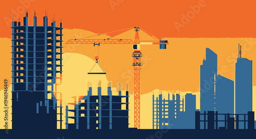 Vibrant illustration of a bustling construction site with a large crane actively building new city skyscrapers against an orange sunset.