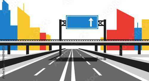 Modern multi-lane highway with overpass leading into a colorful city skyline, symbolizing urban development and transportation.