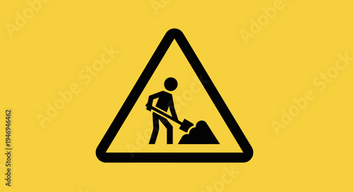 A black triangular warning sign with a stick figure digging, indicating 'men at work' or 'under construction' on a bright yellow background.