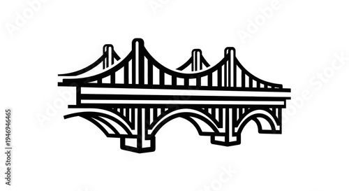A black and white graphic illustration of a stylized bridge, combining elements of suspension and arch bridge designs with multiple towers and spans.
