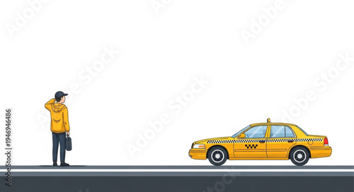 Man in yellow coat next taxi.