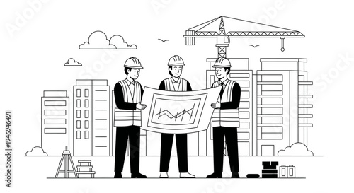 Three construction workers in hard hats and safety vests reviewing blueprints at a building site with a crane and city skyline.