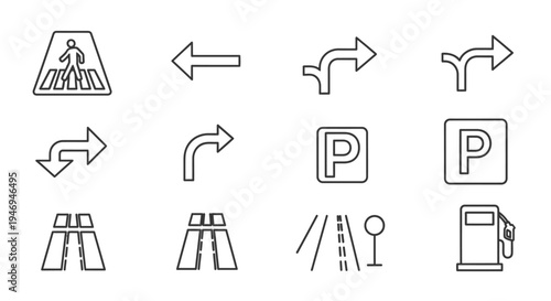 Line art icons depicting various road signs and transport-related elements including pedestrian crossing, directional arrows, parking, roads, and a gas station.