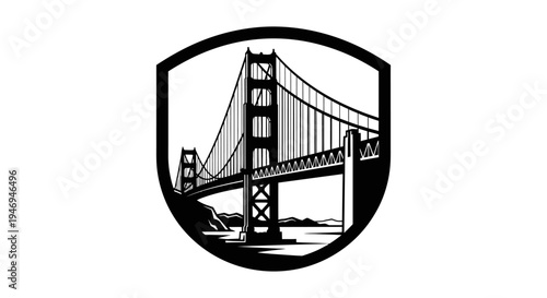 Stylized black and white illustration of the iconic Golden Gate Bridge within a protective shield emblem, representing a famous San Francisco landmark.