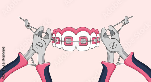 Orthodontic Treatment: Cartoon Illustration of Dental Braces Adjustment Process