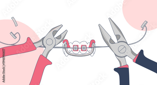 Orthodontic Treatment: Illustration of Dental Braces and Pliers in Simplified Style