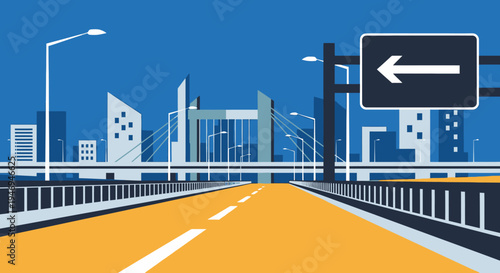 A modern city highway leading towards a skyline with a bridge and a left-turn road sign under a blue sky, vector illustration.