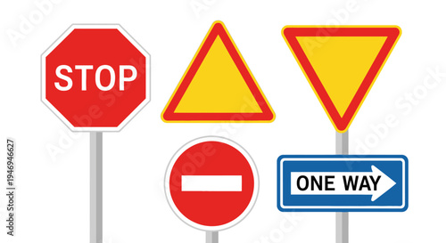 Set of essential road signs including stop, warning, no entry, and one way arrows on an isolated white background.