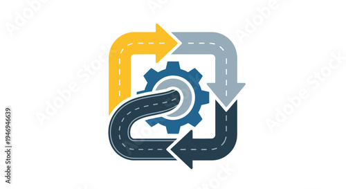 Abstract circular road arrows with integrated gear mechanism symbolizing process efficiency and continuous improvement on an isolated white background.