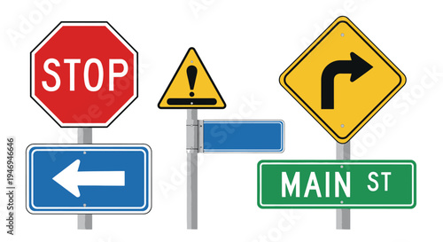 Collection of road signs including stop, turn, main street, and directional arrows on an isolated white background.