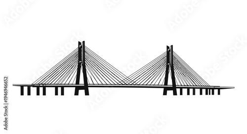 Minimalist black and white illustration of a modern cable-stayed bridge with two prominent towers and numerous support cables.