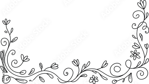 Whimsical hand-drawn floral border with delicate leaves and tiny flowers in a simple black line art style, perfect for creative projects.