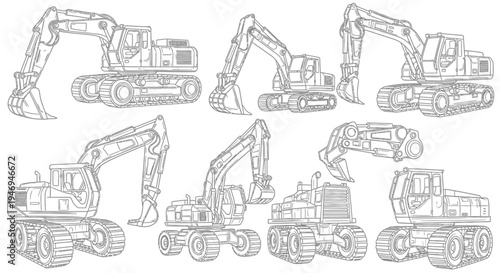 Detailed line art illustrations of various heavy construction excavators in different configurations.
