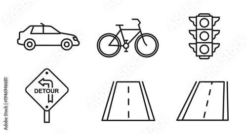 Collection of line art icons depicting various transport elements and road signs, including a car, bicycle, traffic light, and detour sign.