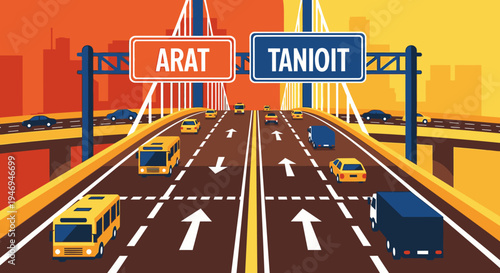 A vibrant illustration of a multi-lane highway bridge with vehicles and road signs pointing to 'ARAT' and 'TANIOIT' against a city skyline.