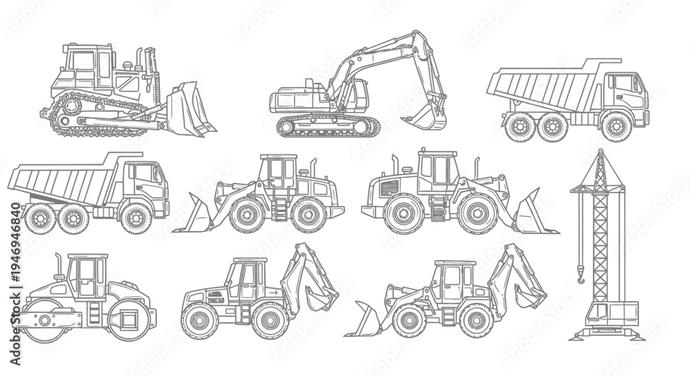 Fototapeta premium Collection of Heavy Construction Machinery Outline Icons on Isolated White Background