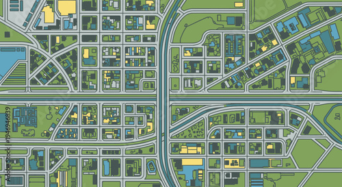 Green Urban City Map with Roads and Buildings, Top View