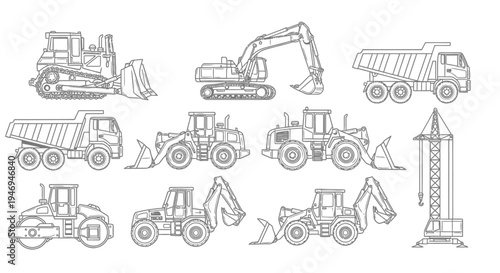 Collection of Heavy Construction Machinery Outline Icons on Isolated White Background